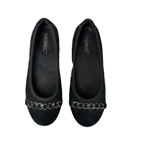 Vionic Pera Womens 6.5 Black Suede Ballet Flats Chain Accent Shoes Slip On - Picture 3 of 8